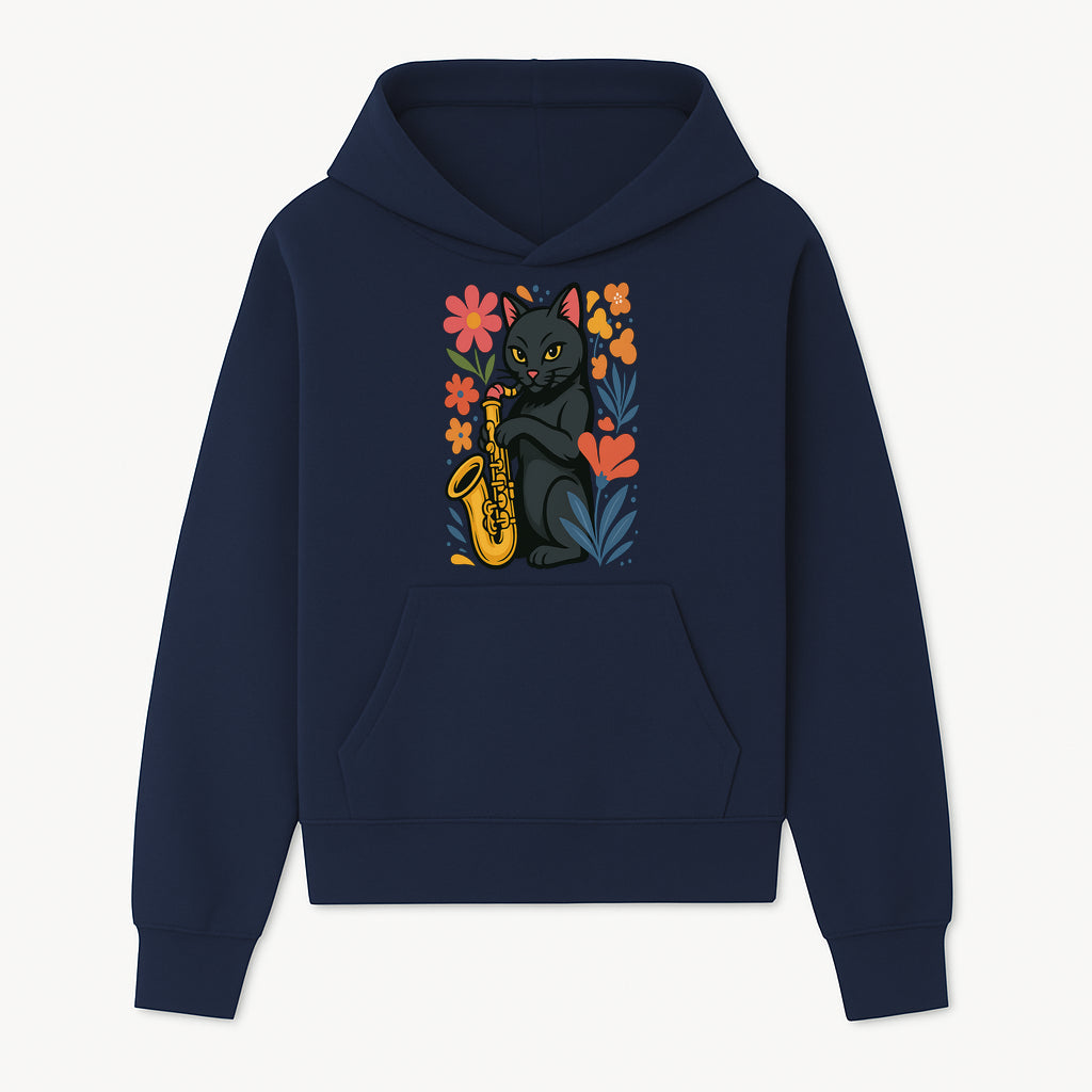 Black Cat Playing Saxophone Art Print with Colorful Floral Background, Music Lover Gift, Cat Lover Decor, Jazz Illustration Decor - Hoodie 1758338691632.jpg