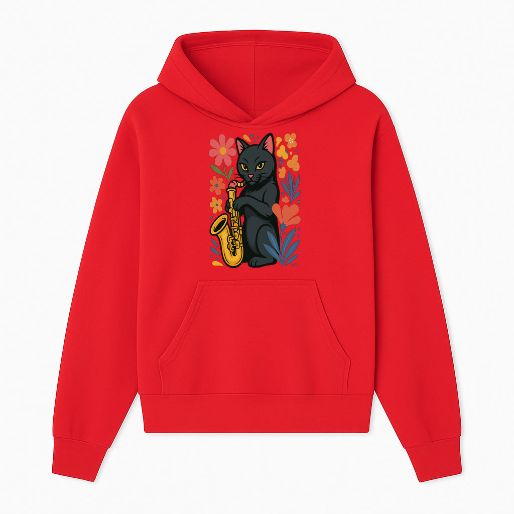 Black Cat Playing Saxophone Art Print with Colorful Floral Background, Music Lover Gift, Cat Lover Decor, Jazz Illustration Decor - Hoodie 1758338691759.jpg