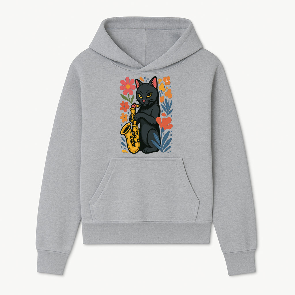 Black Cat Playing Saxophone Art Print with Colorful Floral Background, Music Lover Gift, Cat Lover Decor, Jazz Illustration Decor - Hoodie 1758338691887.jpg