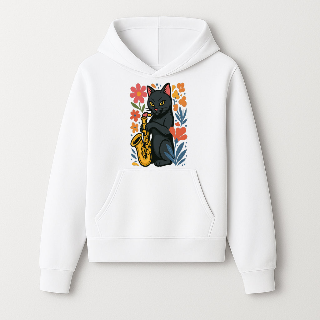 Black Cat Playing Saxophone Art Print with Colorful Floral Background, Music Lover Gift, Cat Lover Decor, Jazz Illustration Decor - Hoodie 1758338692073.jpg