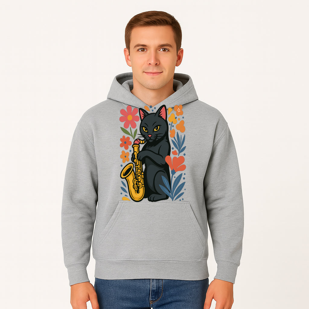 Black Cat Playing Saxophone Art Print with Colorful Floral Background, Music Lover Gift, Cat Lover Decor, Jazz Illustration Decor - Hoodie 1758338693233.jpg