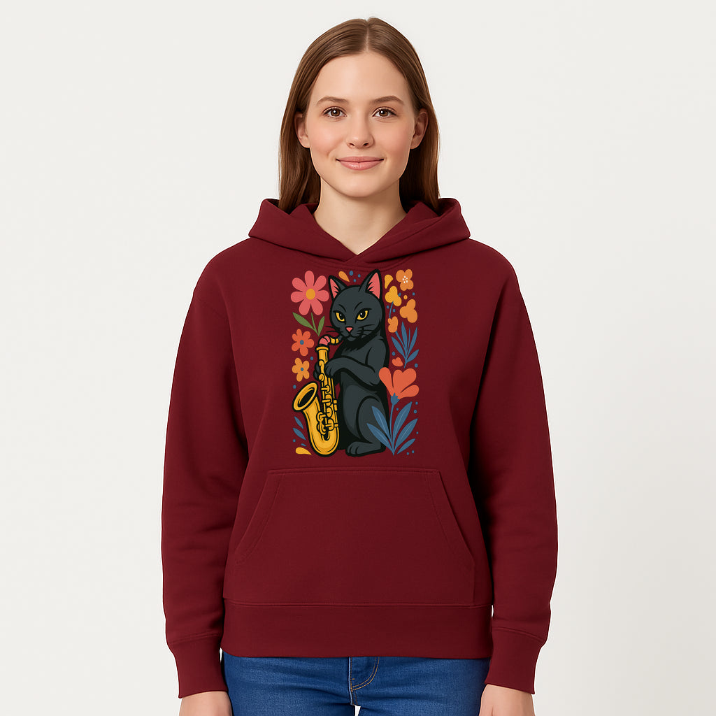 Black Cat Playing Saxophone Art Print with Colorful Floral Background, Music Lover Gift, Cat Lover Decor, Jazz Illustration Decor - Hoodie 1758338693373.jpg