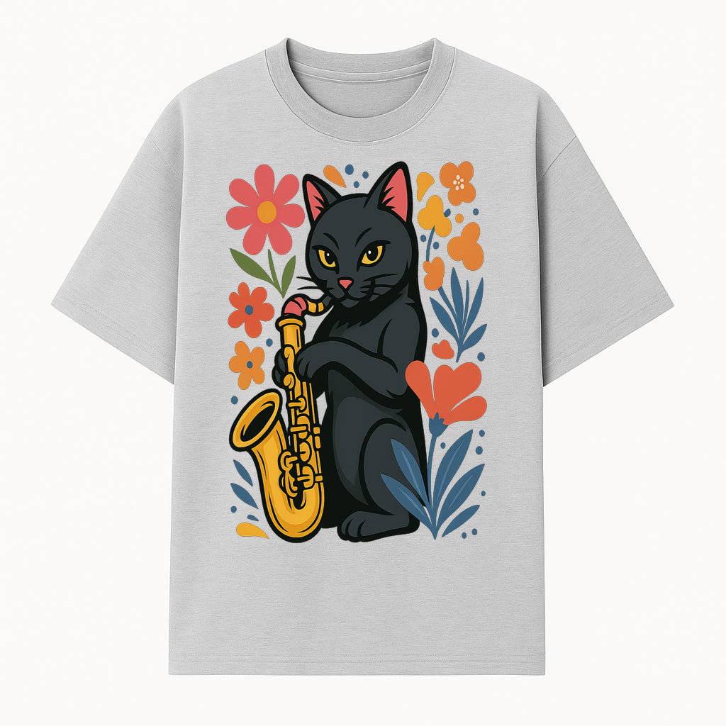 Black Cat Playing Saxophone Art Print with Colorful Floral Background, Music Lover Gift, Cat Lover Decor, Jazz Illustration Decor - T-shirt 1758338693527.jpg