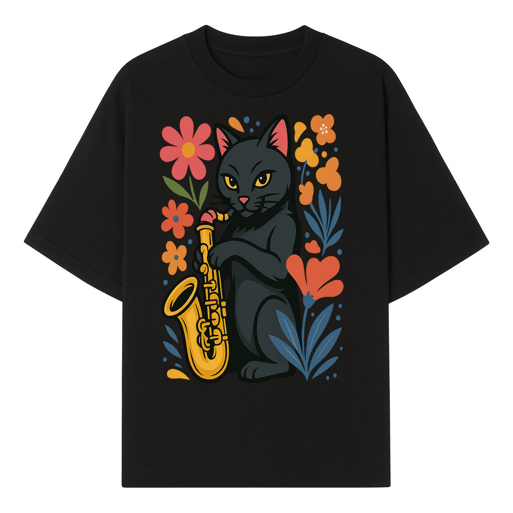 Black Cat Playing Saxophone Art Print with Colorful Floral Background, Music Lover Gift, Cat Lover Decor, Jazz Illustration Decor - T-shirt 1758338693688.jpg