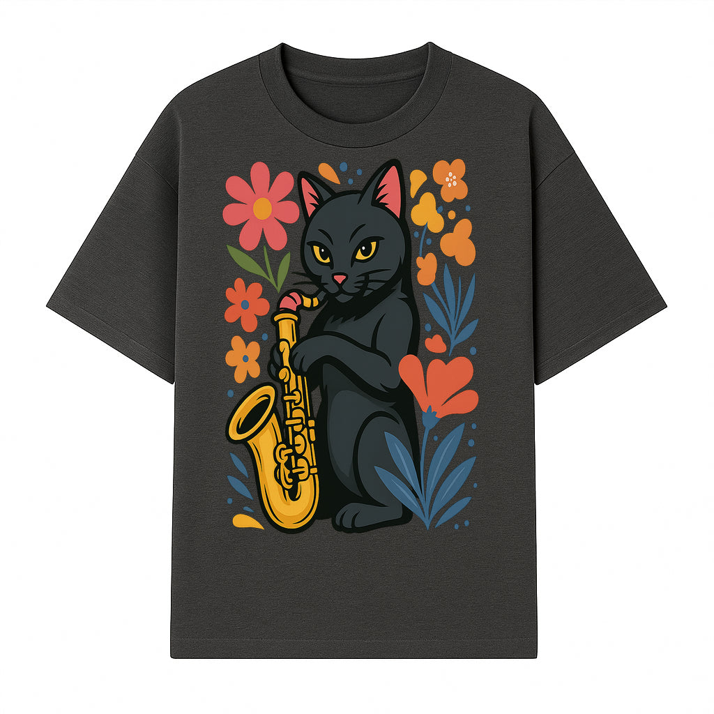 Black Cat Playing Saxophone Art Print with Colorful Floral Background, Music Lover Gift, Cat Lover Decor, Jazz Illustration Decor - T-shirt 1758338693837.jpg