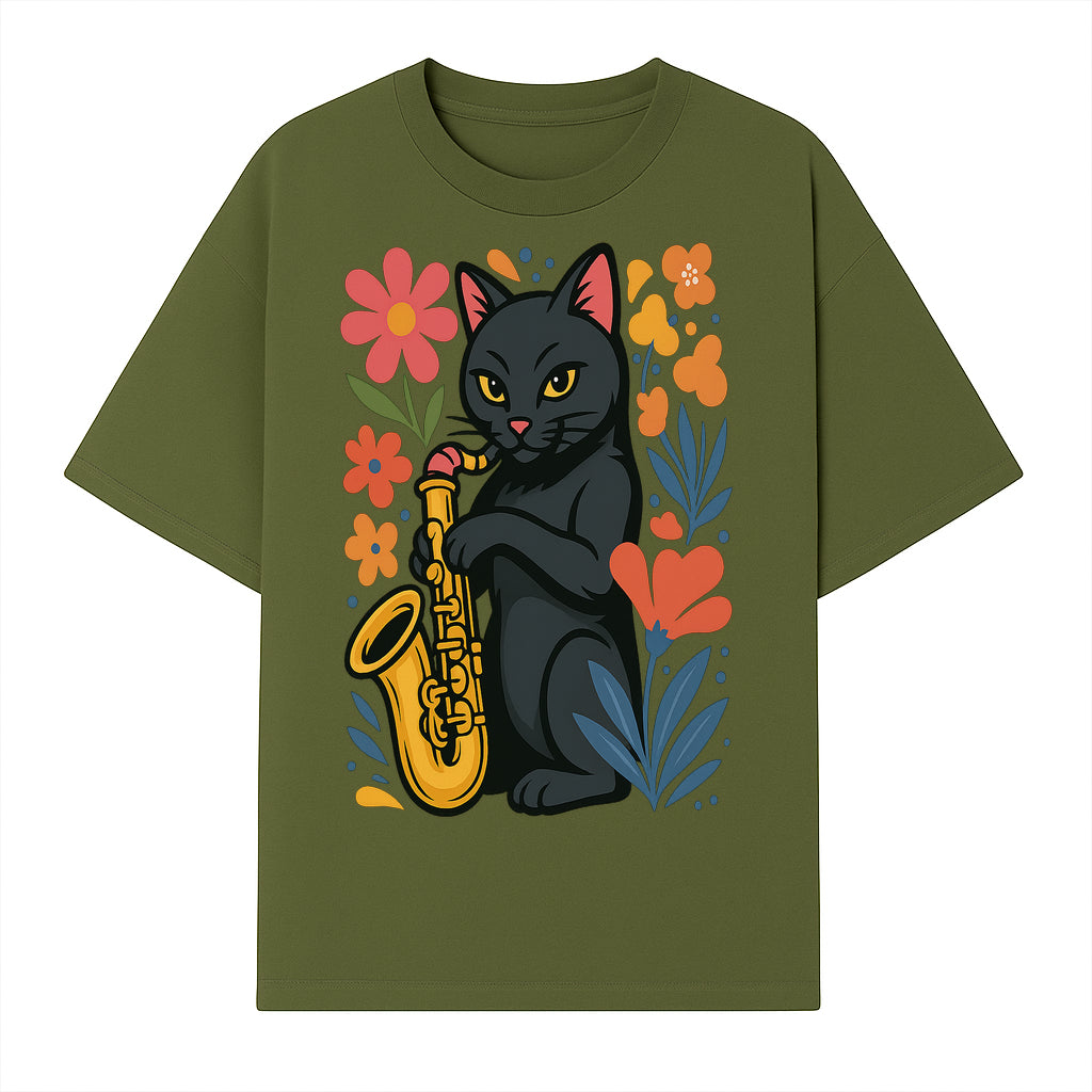 Black Cat Playing Saxophone Art Print with Colorful Floral Background, Music Lover Gift, Cat Lover Decor, Jazz Illustration Decor - T-shirt 1758338694009.jpg