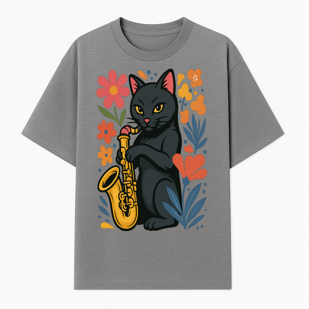 Black Cat Playing Saxophone Art Print with Colorful Floral Background, Music Lover Gift, Cat Lover Decor, Jazz Illustration Decor - T-shirt 1758338694149.jpg