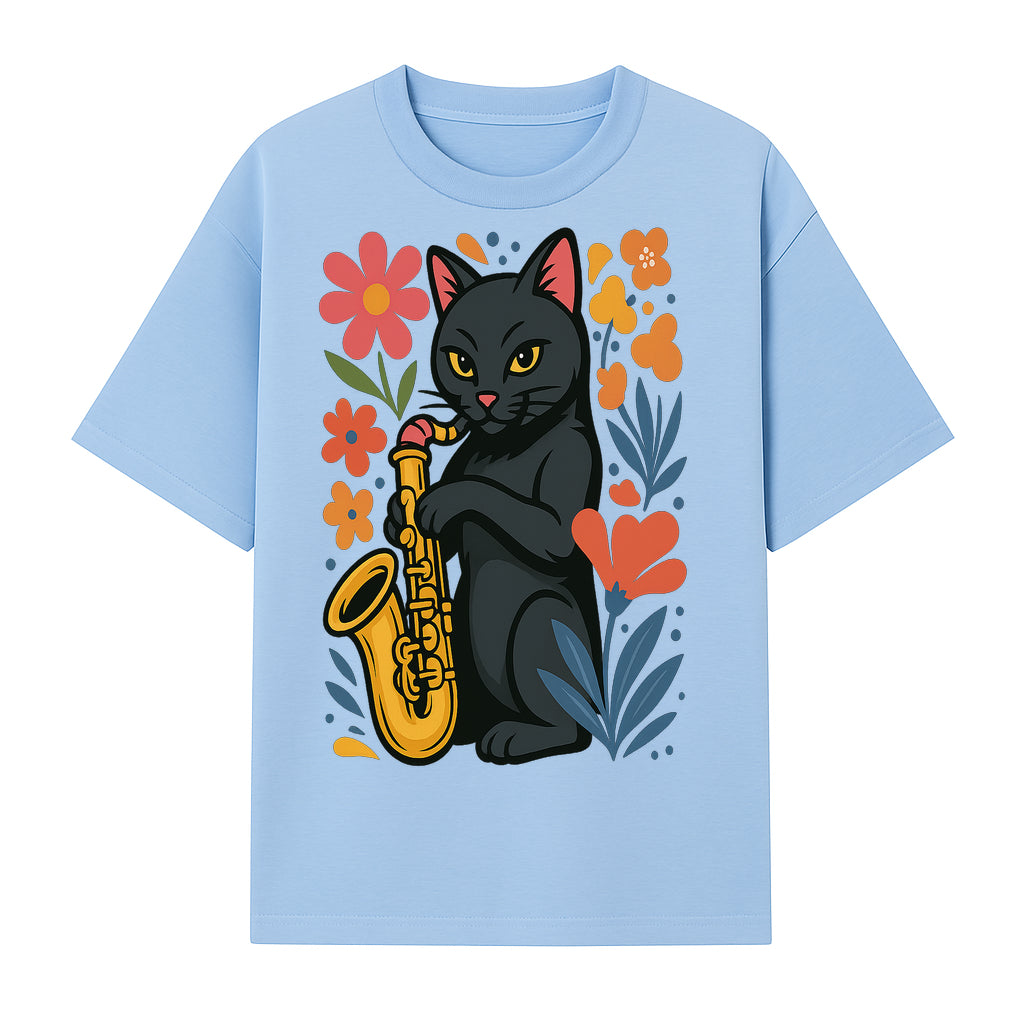 Black Cat Playing Saxophone Art Print with Colorful Floral Background, Music Lover Gift, Cat Lover Decor, Jazz Illustration Decor - T-shirt 1758338694292.jpg