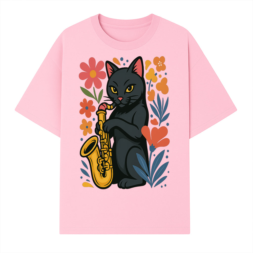 Black Cat Playing Saxophone Art Print with Colorful Floral Background, Music Lover Gift, Cat Lover Decor, Jazz Illustration Decor - T-shirt 1758338694409.jpg