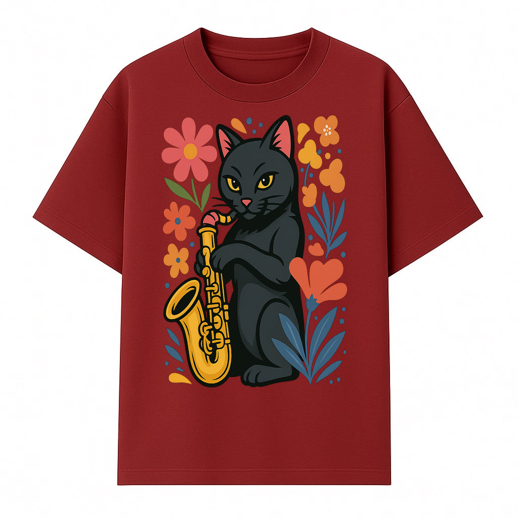 Black Cat Playing Saxophone Art Print with Colorful Floral Background, Music Lover Gift, Cat Lover Decor, Jazz Illustration Decor - T-shirt 1758338694576.jpg