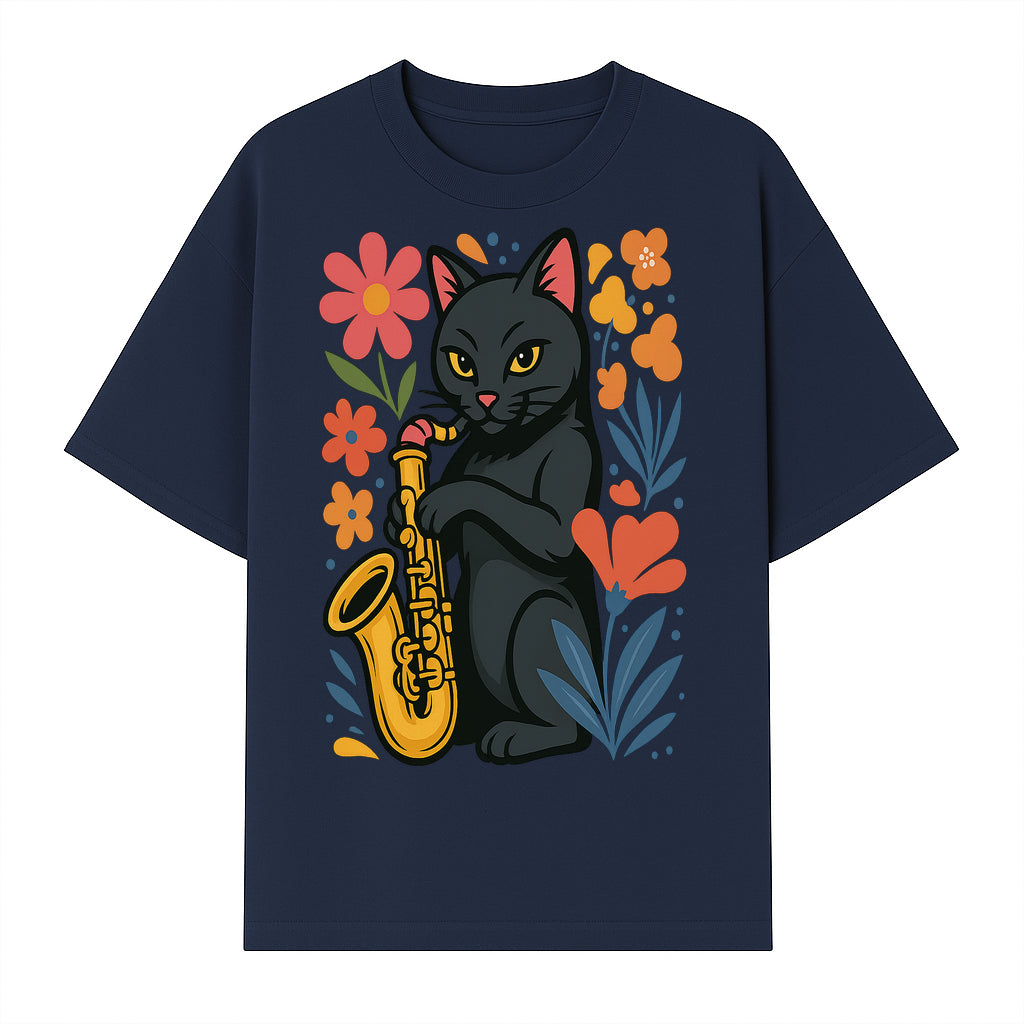 Black Cat Playing Saxophone Art Print with Colorful Floral Background, Music Lover Gift, Cat Lover Decor, Jazz Illustration Decor - T-shirt 1758338694710.jpg