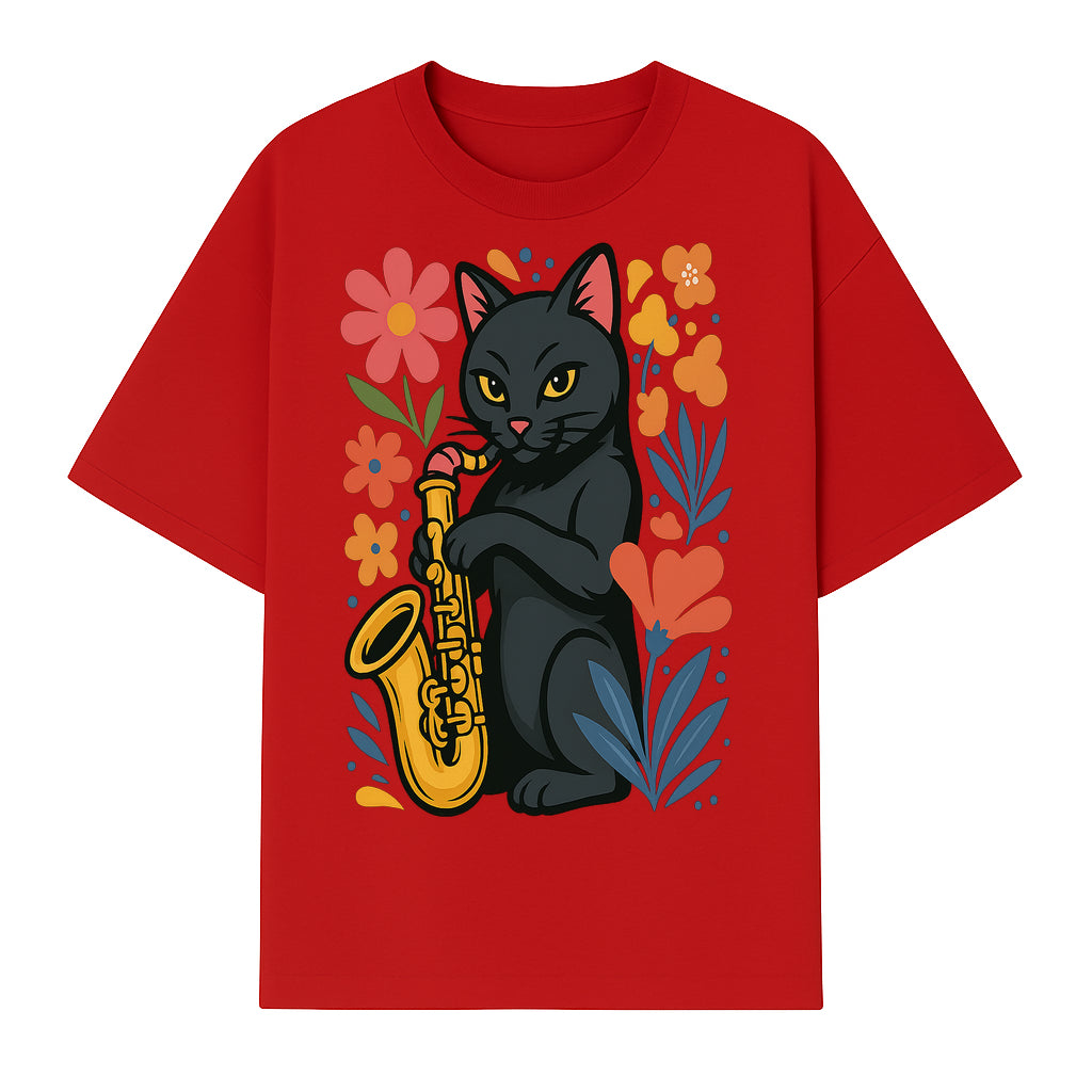 Black Cat Playing Saxophone Art Print with Colorful Floral Background, Music Lover Gift, Cat Lover Decor, Jazz Illustration Decor - T-shirt 1758338694871.jpg