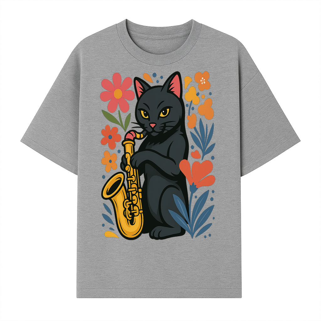 Black Cat Playing Saxophone Art Print with Colorful Floral Background, Music Lover Gift, Cat Lover Decor, Jazz Illustration Decor - T-shirt 1758338695020.jpg