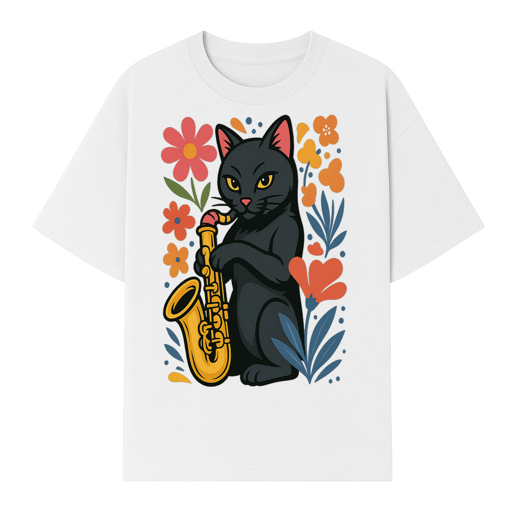 Black Cat Playing Saxophone Art Print with Colorful Floral Background, Music Lover Gift, Cat Lover Decor, Jazz Illustration Decor - T-shirt 1758338695169.jpg