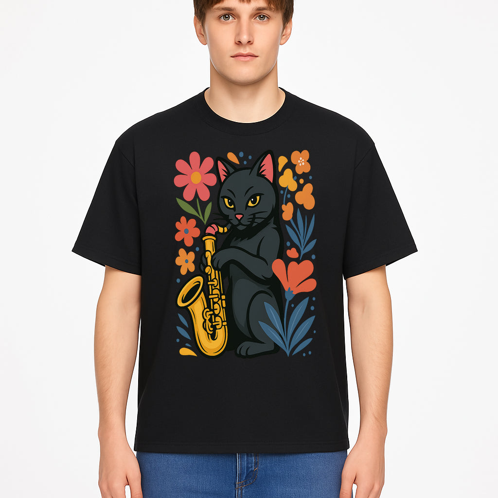 Black Cat Playing Saxophone Art Print with Colorful Floral Background, Music Lover Gift, Cat Lover Decor, Jazz Illustration Decor - T-shirt 1758338696308.jpg