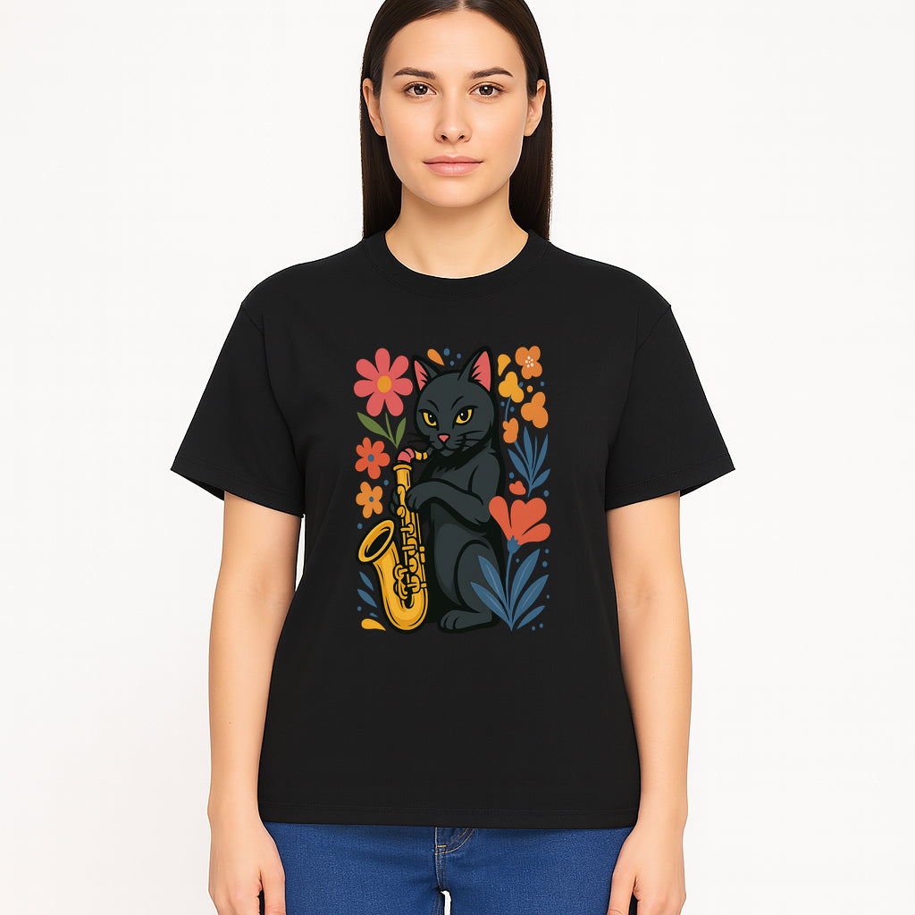 Black Cat Playing Saxophone Art Print with Colorful Floral Background, Music Lover Gift, Cat Lover Decor, Jazz Illustration Decor - T-shirt 1758338696448.jpg