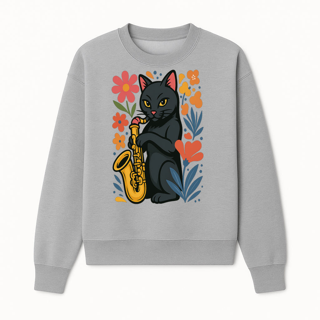 Black Cat Playing Saxophone Art Print with Colorful Floral Background, Music Lover Gift, Cat Lover Decor, Jazz Illustration Decor - Sweatshirt 1758338696604.jpg
