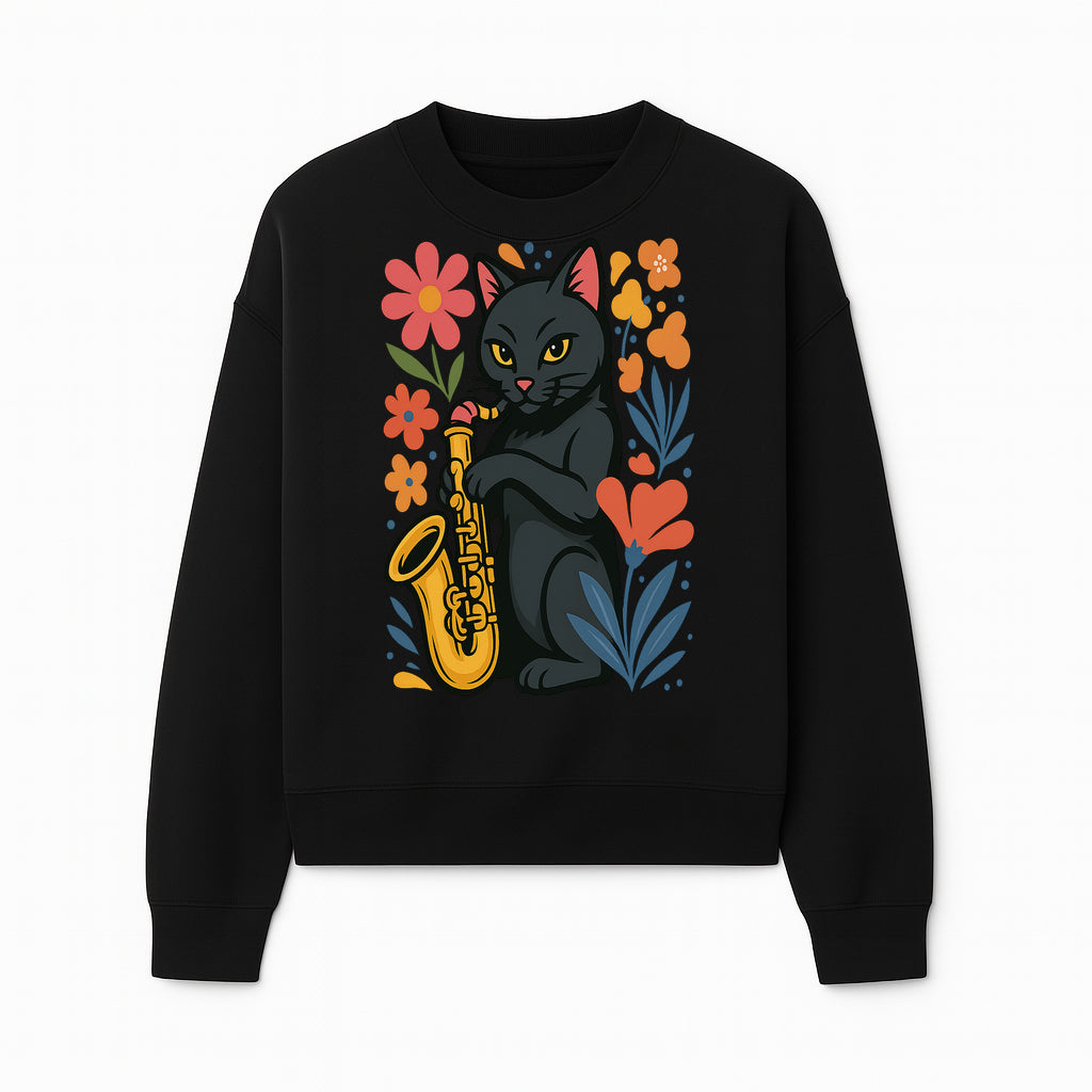 Black Cat Playing Saxophone Art Print with Colorful Floral Background, Music Lover Gift, Cat Lover Decor, Jazz Illustration Decor - Sweatshirt 1758338696784.jpg