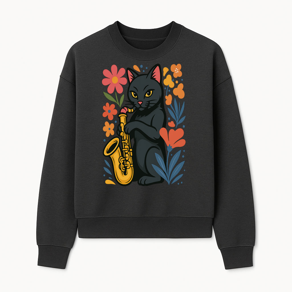 Black Cat Playing Saxophone Art Print with Colorful Floral Background, Music Lover Gift, Cat Lover Decor, Jazz Illustration Decor - Sweatshirt 1758338696948.jpg