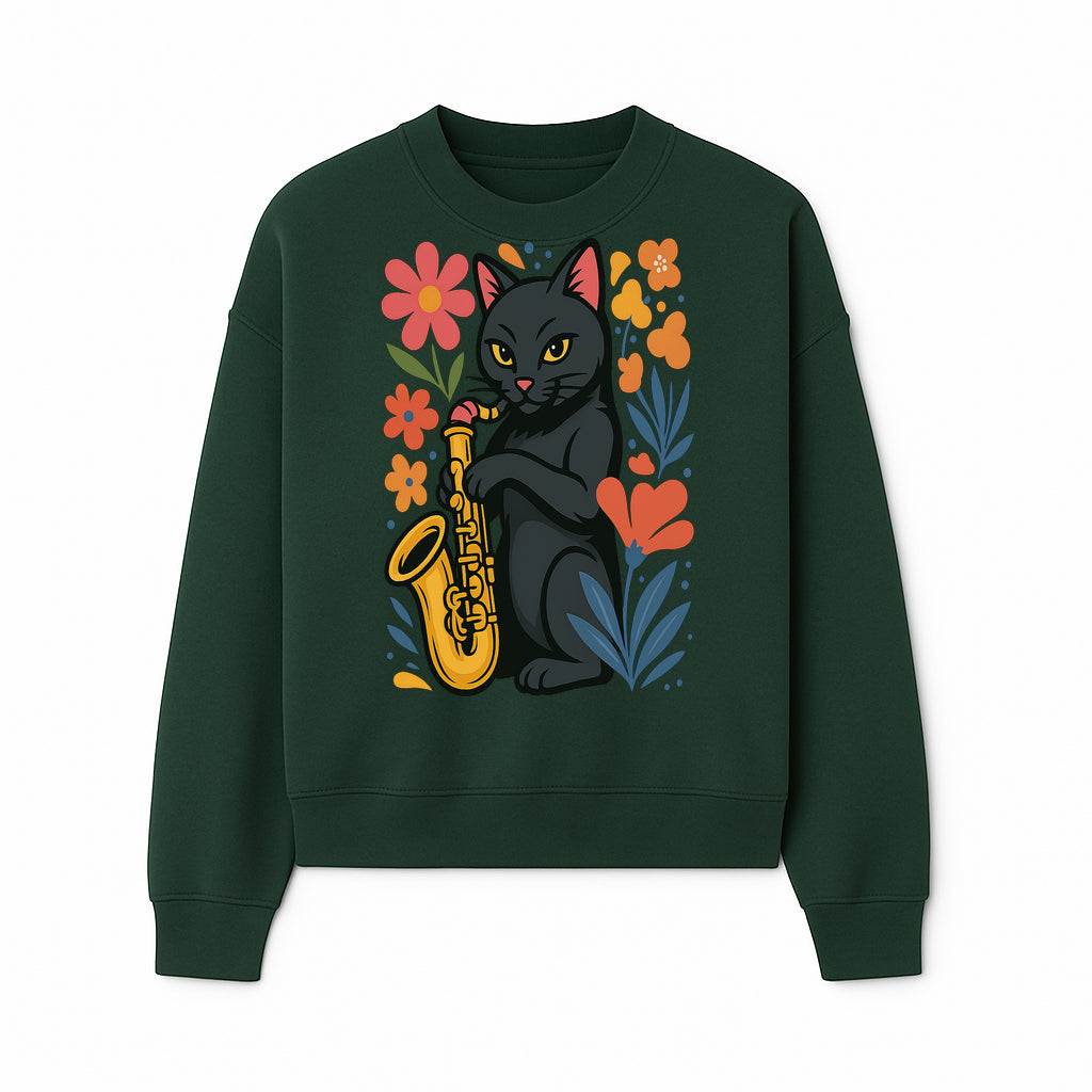Black Cat Playing Saxophone Art Print with Colorful Floral Background, Music Lover Gift, Cat Lover Decor, Jazz Illustration Decor - Sweatshirt 1758338697110.jpg
