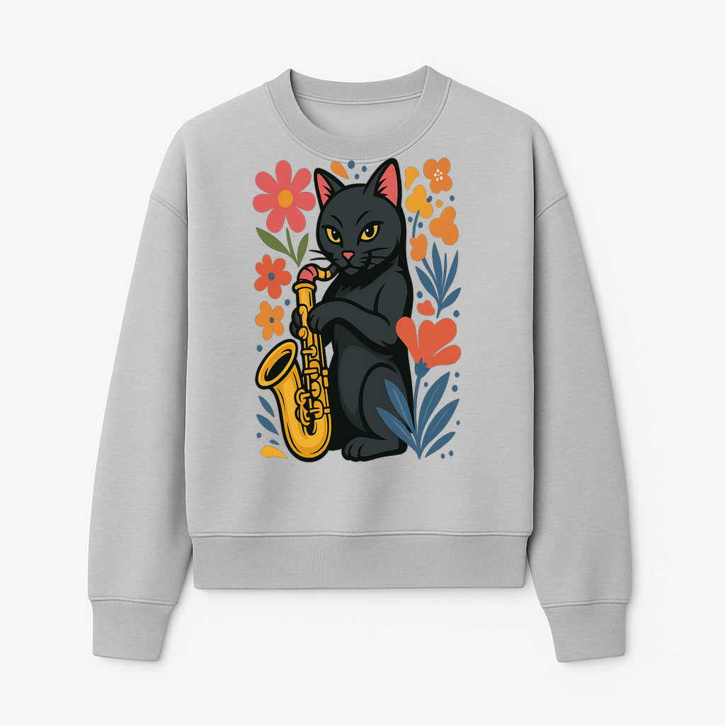 Black Cat Playing Saxophone Art Print with Colorful Floral Background, Music Lover Gift, Cat Lover Decor, Jazz Illustration Decor - Sweatshirt 1758338697237.jpg