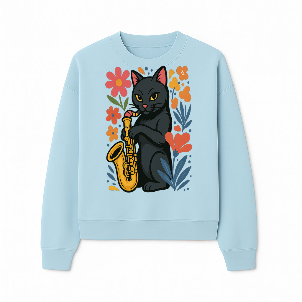 Black Cat Playing Saxophone Art Print with Colorful Floral Background, Music Lover Gift, Cat Lover Decor, Jazz Illustration Decor - Sweatshirt 1758338697370.jpg