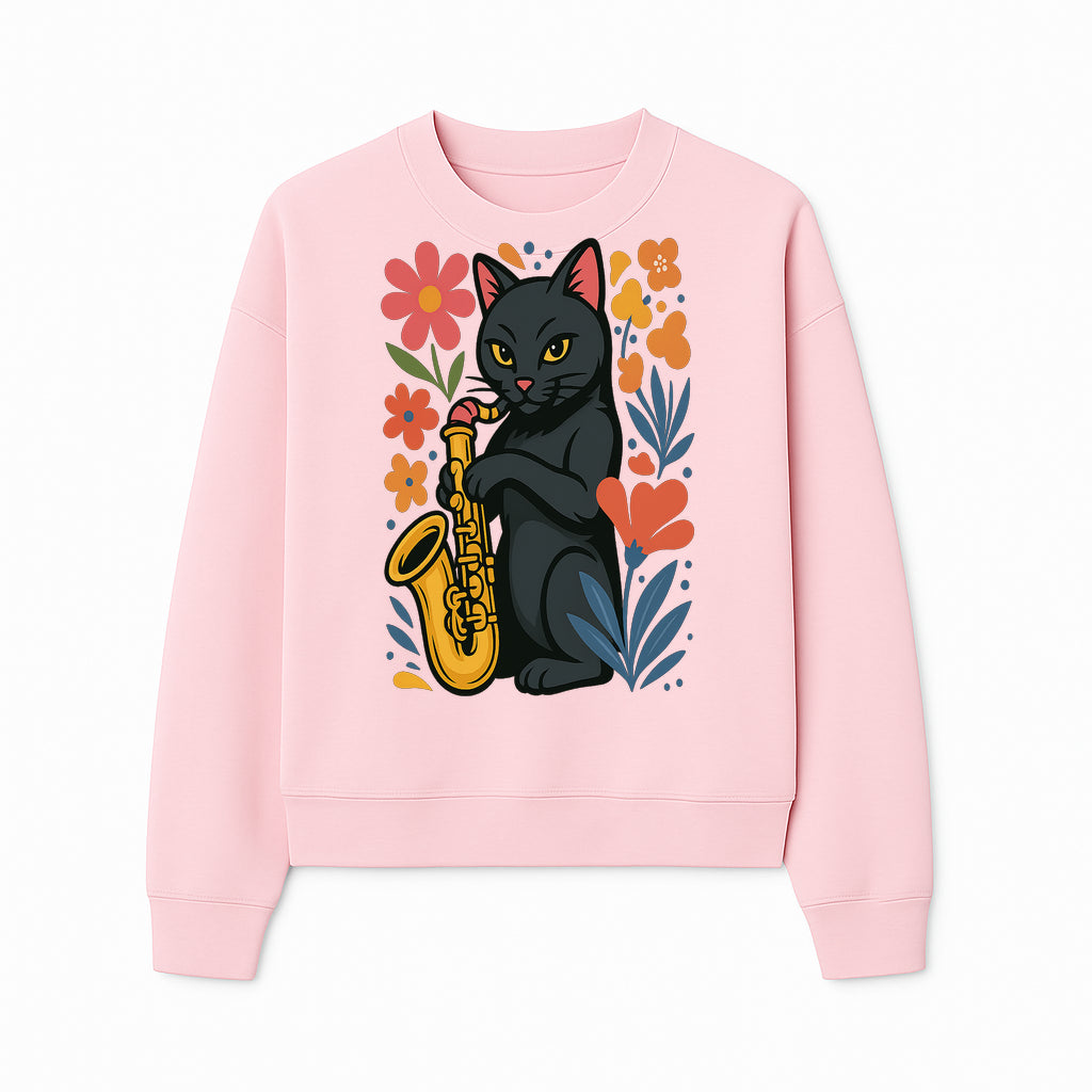 Black Cat Playing Saxophone Art Print with Colorful Floral Background, Music Lover Gift, Cat Lover Decor, Jazz Illustration Decor - Sweatshirt 1758338697520.jpg