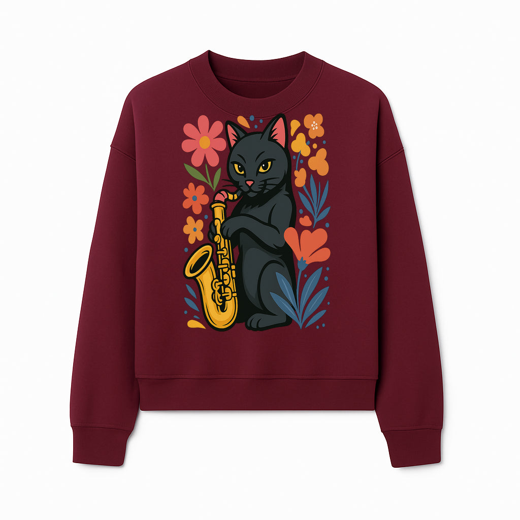Black Cat Playing Saxophone Art Print with Colorful Floral Background, Music Lover Gift, Cat Lover Decor, Jazz Illustration Decor - Sweatshirt 1758338697695.jpg