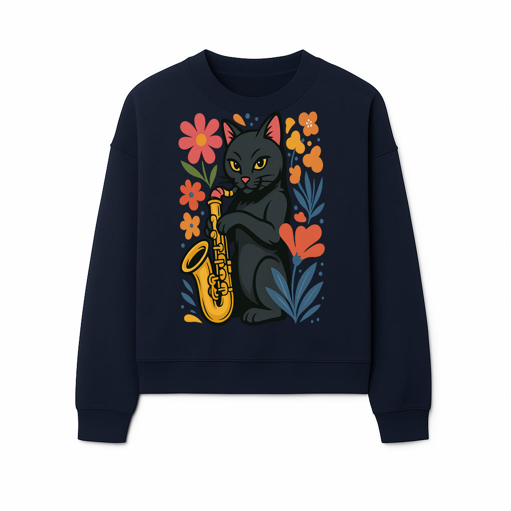 Black Cat Playing Saxophone Art Print with Colorful Floral Background, Music Lover Gift, Cat Lover Decor, Jazz Illustration Decor - Sweatshirt 1758338697831.jpg