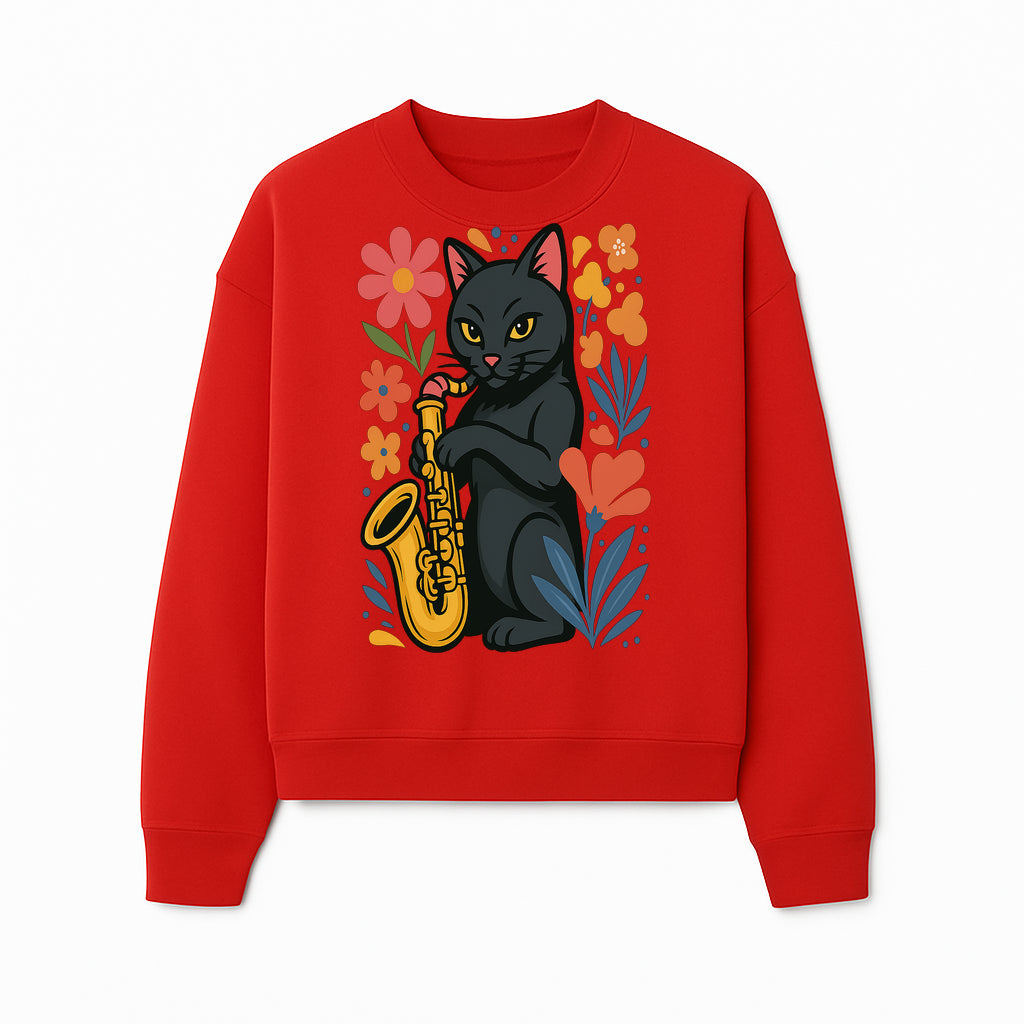 Black Cat Playing Saxophone Art Print with Colorful Floral Background, Music Lover Gift, Cat Lover Decor, Jazz Illustration Decor - Sweatshirt 1758338698007.jpg
