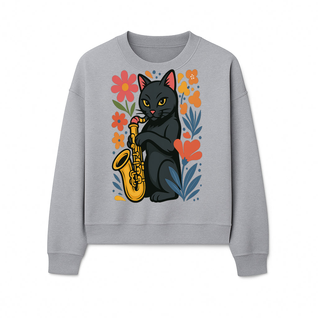 Black Cat Playing Saxophone Art Print with Colorful Floral Background, Music Lover Gift, Cat Lover Decor, Jazz Illustration Decor - Sweatshirt 1758338698142.jpg