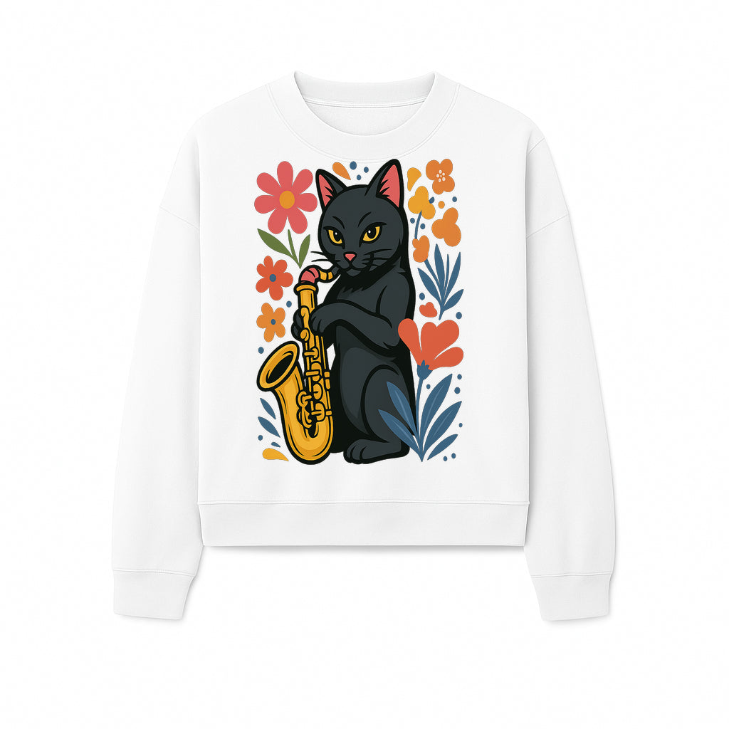 Black Cat Playing Saxophone Art Print with Colorful Floral Background, Music Lover Gift, Cat Lover Decor, Jazz Illustration Decor - Sweatshirt 1758338698313.jpg