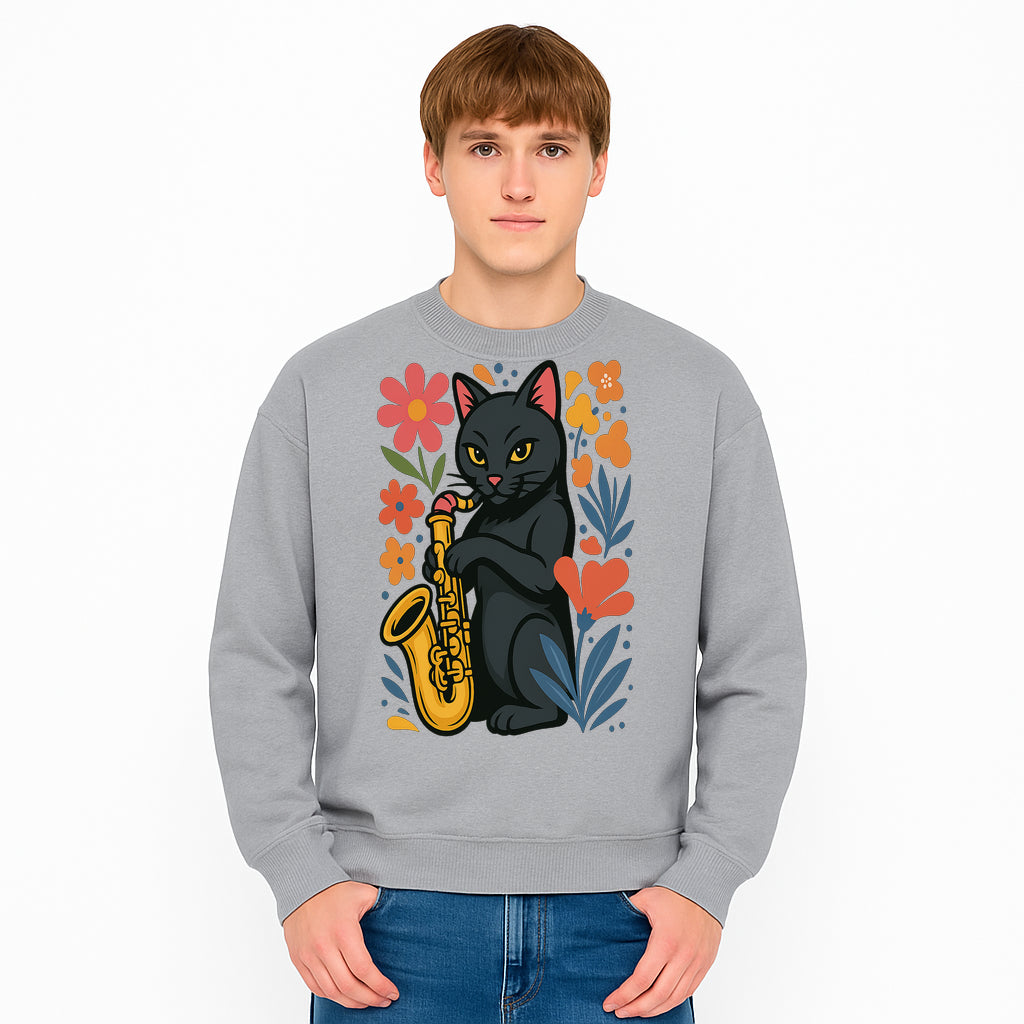 Black Cat Playing Saxophone Art Print with Colorful Floral Background, Music Lover Gift, Cat Lover Decor, Jazz Illustration Decor - Sweatshirt 1758338699445.jpg