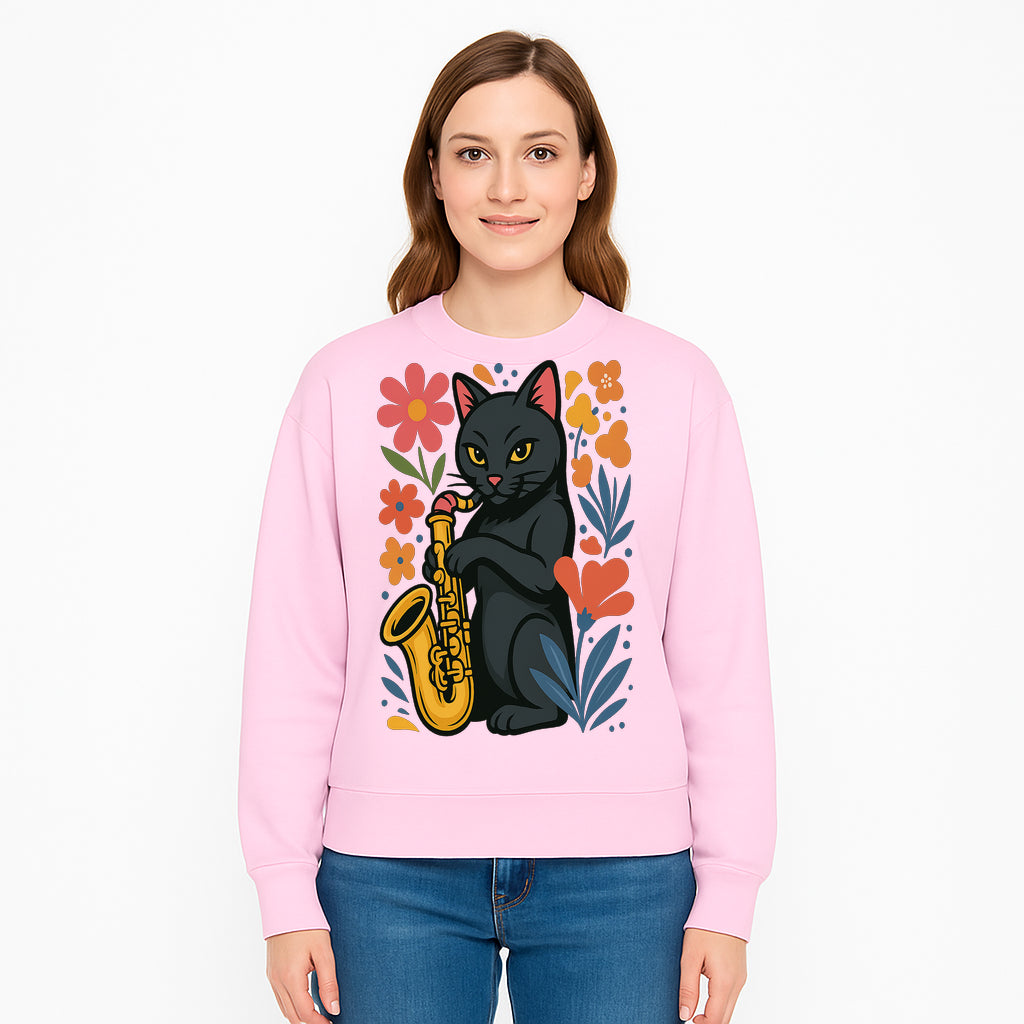 Black Cat Playing Saxophone Art Print with Colorful Floral Background, Music Lover Gift, Cat Lover Decor, Jazz Illustration Decor - Sweatshirt 1758338699604.jpg