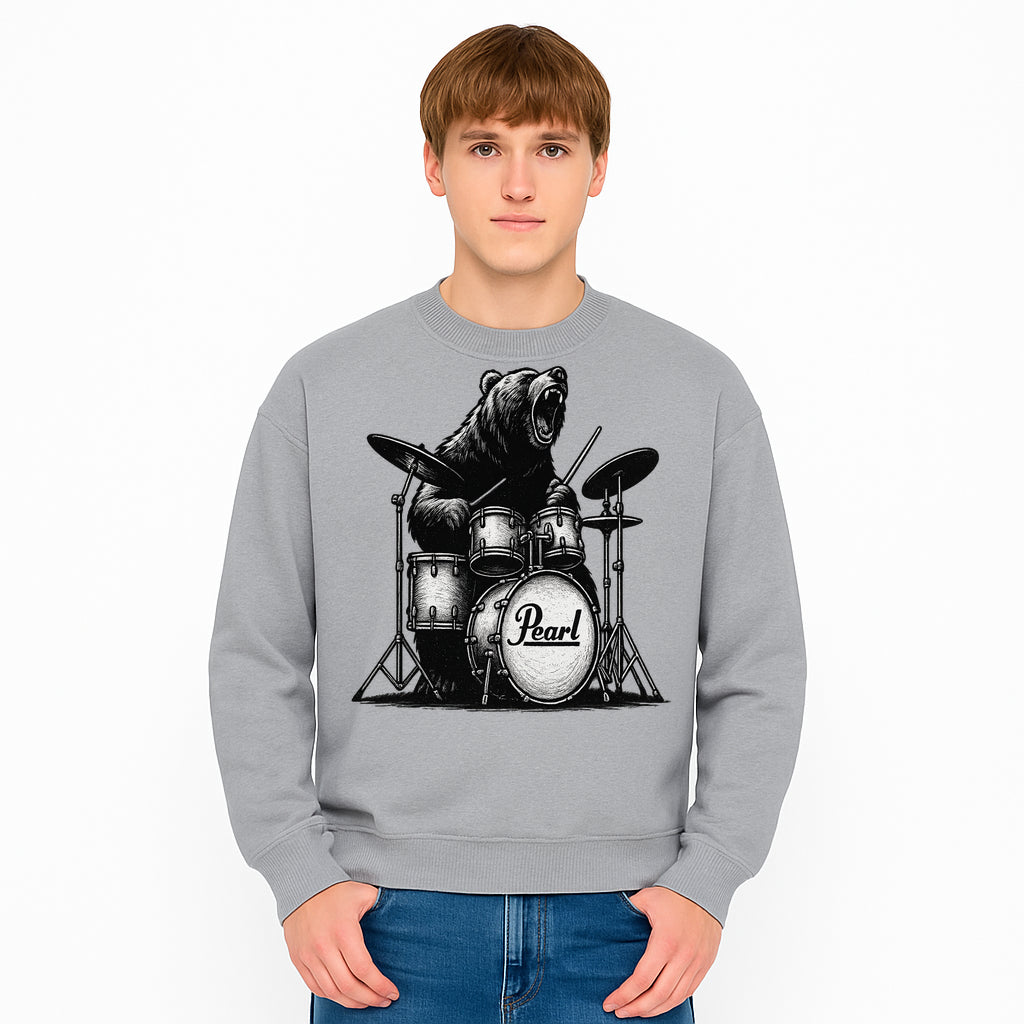 Bear Drummer Graphic T-Shirt | Rock Music Apparel | Pearl Drums Design | Cool Animal Illustration for Musicians & Fans - Sweatshirt 1758338712177.jpg
