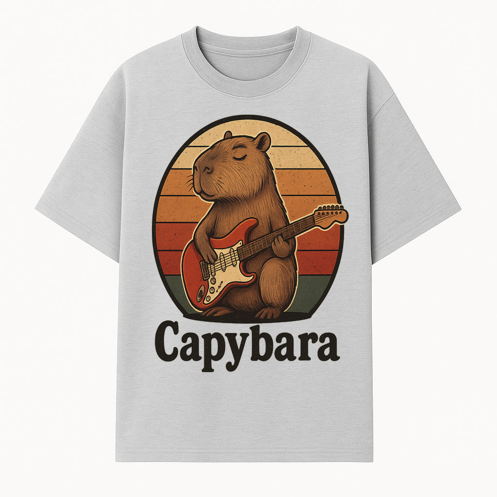 Capybara Playing Guitar Retro Art Print Cute Animal Music Lover Decor for Home or Office - T-shirt 1758338728264.jpg