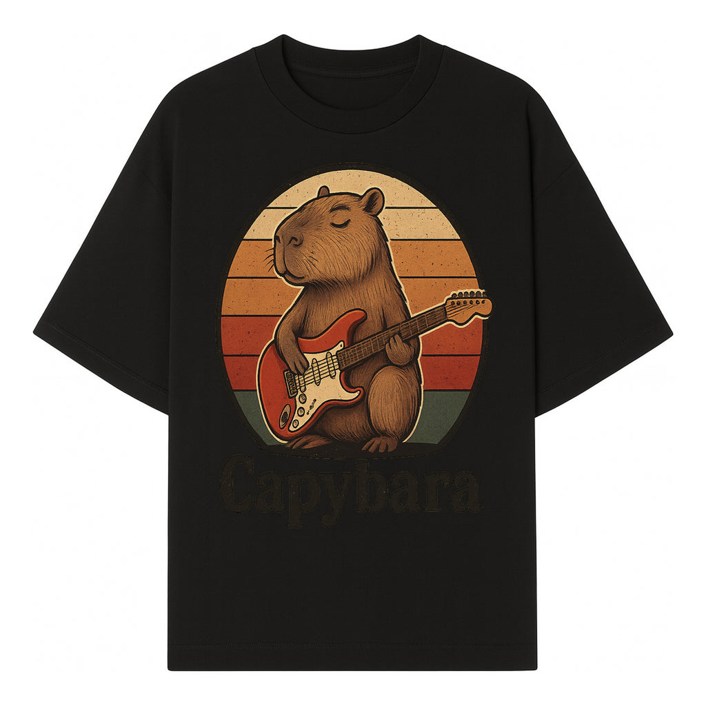 Capybara Playing Guitar Retro Art Print Cute Animal Music Lover Decor for Home or Office - T-shirt 1758338728437.jpg