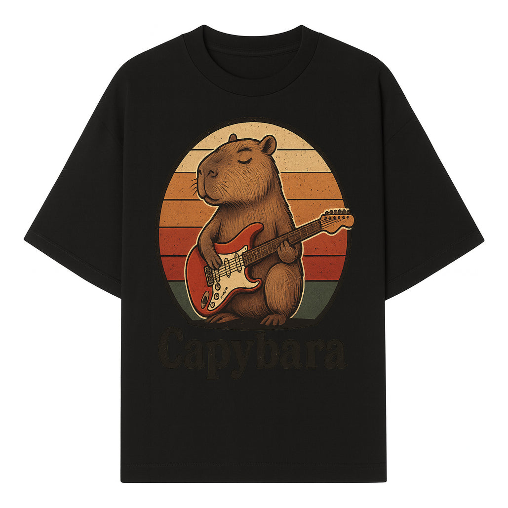 Capybara Playing Guitar Retro Art Print Cute Animal Music Lover Decor for Home or Office - T-shirt 1758338728437.jpg