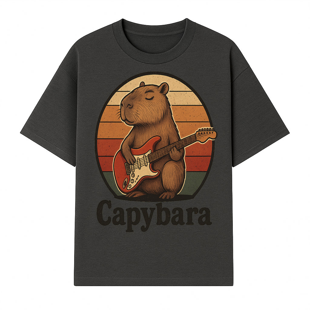 Capybara Playing Guitar Retro Art Print Cute Animal Music Lover Decor for Home or Office - T-shirt 1758338728578.jpg
