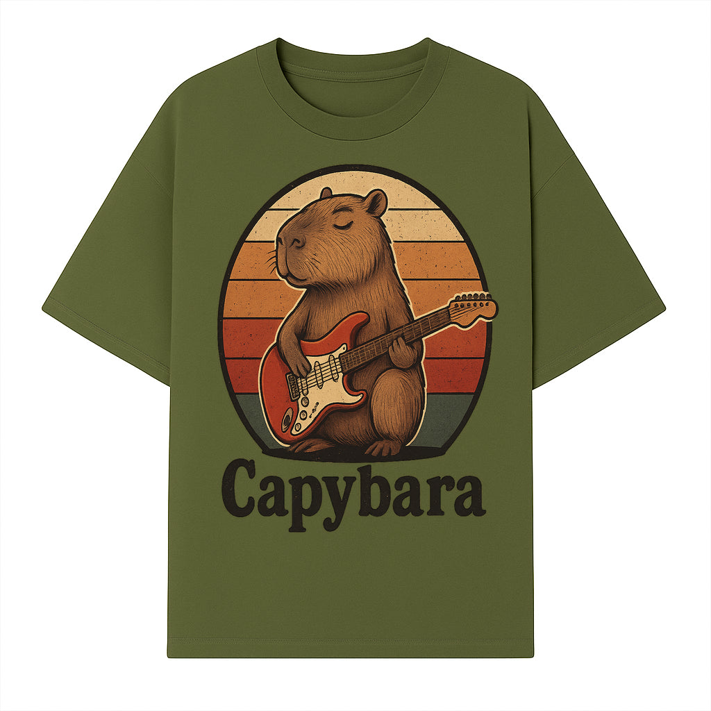 Capybara Playing Guitar Retro Art Print Cute Animal Music Lover Decor for Home or Office - T-shirt 1758338728732.jpg