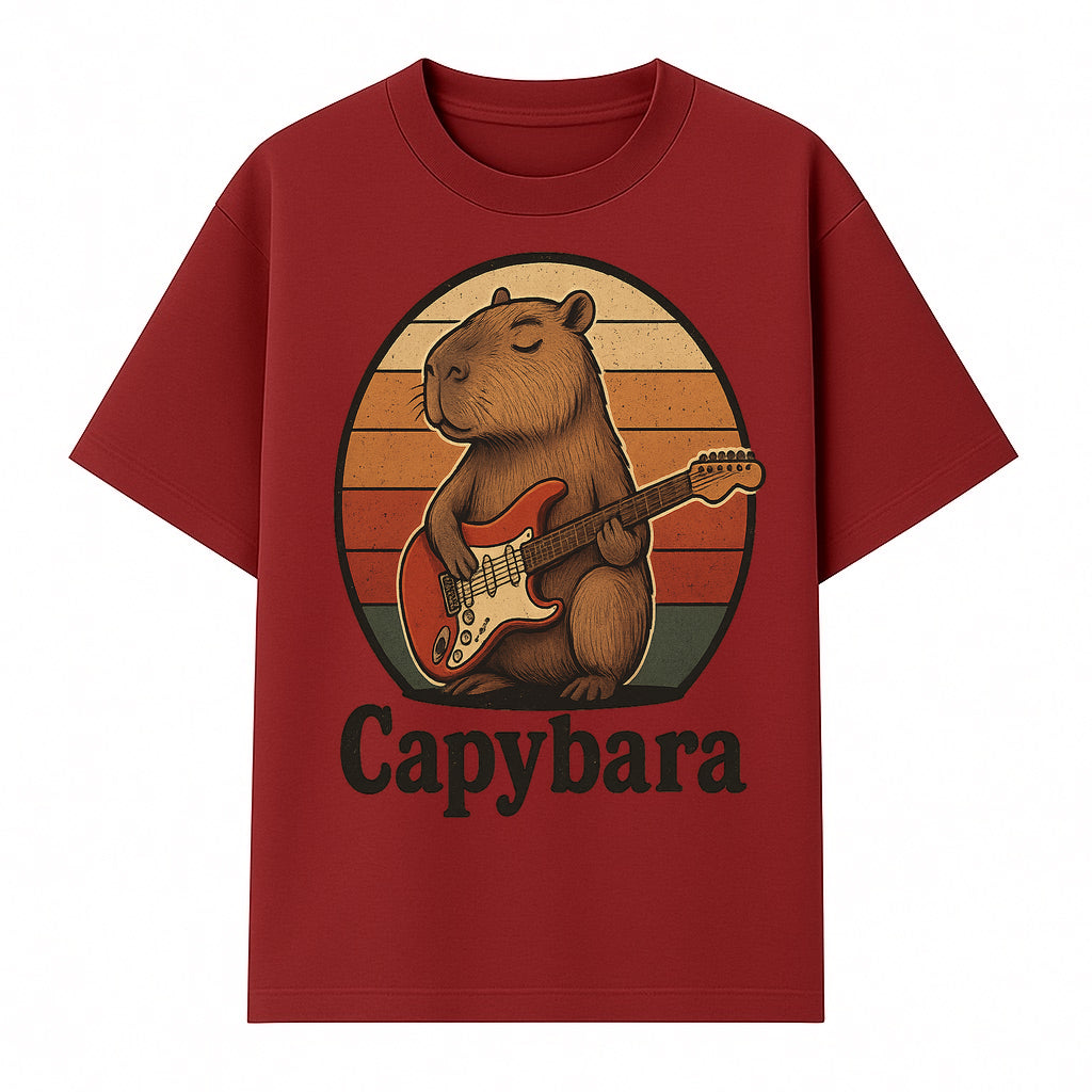 Capybara Playing Guitar Retro Art Print Cute Animal Music Lover Decor for Home or Office - T-shirt 1758338729405.jpg