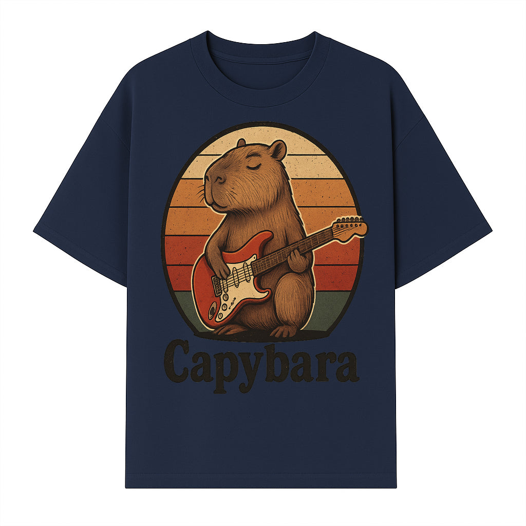 Capybara Playing Guitar Retro Art Print Cute Animal Music Lover Decor for Home or Office - T-shirt 1758338729537.jpg