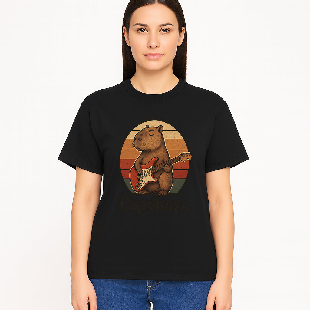 Capybara Playing Guitar Retro Art Print Cute Animal Music Lover Decor for Home or Office - T-shirt 1758338731302.jpg