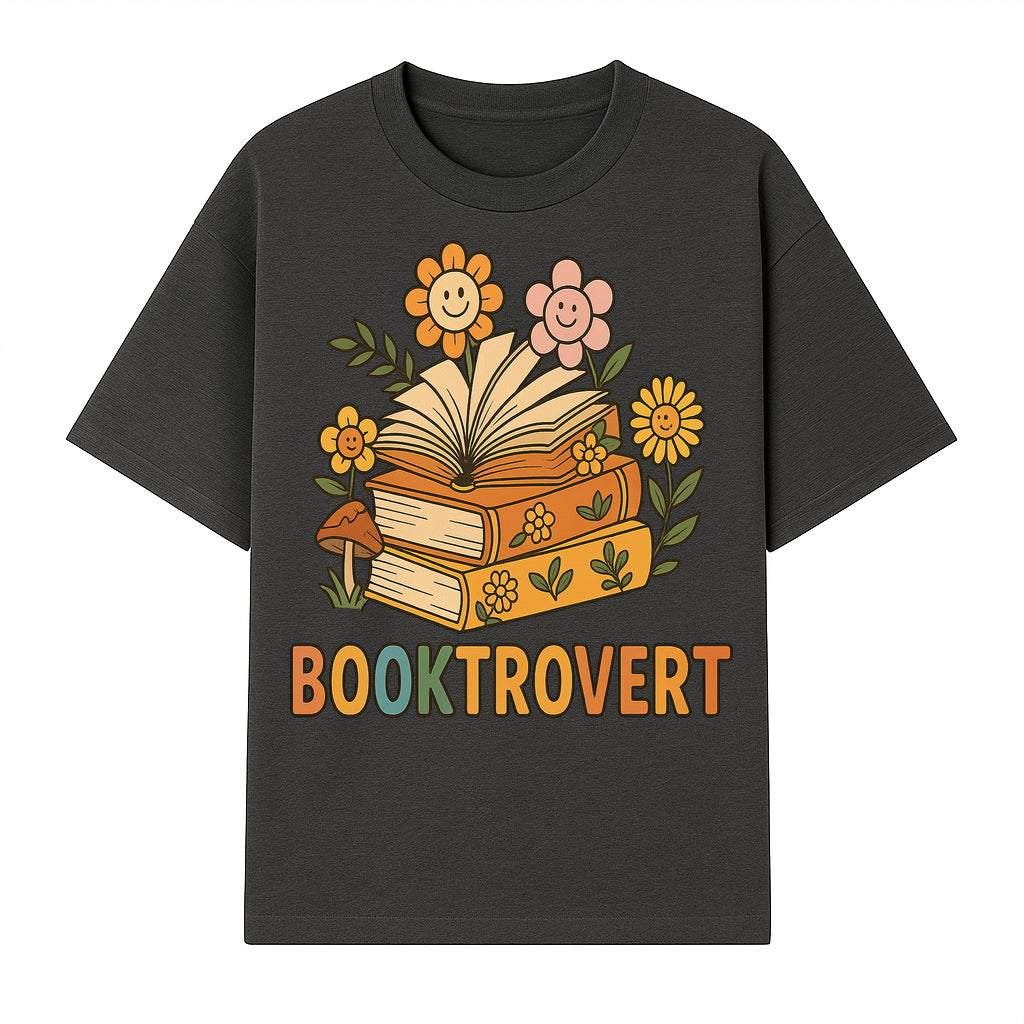 Booktrovert Floral Design with Open Books and Smiley Flowers - Perfect for Book Lovers and Introverts Gifts - T-shirt 1758341628581.jpg
