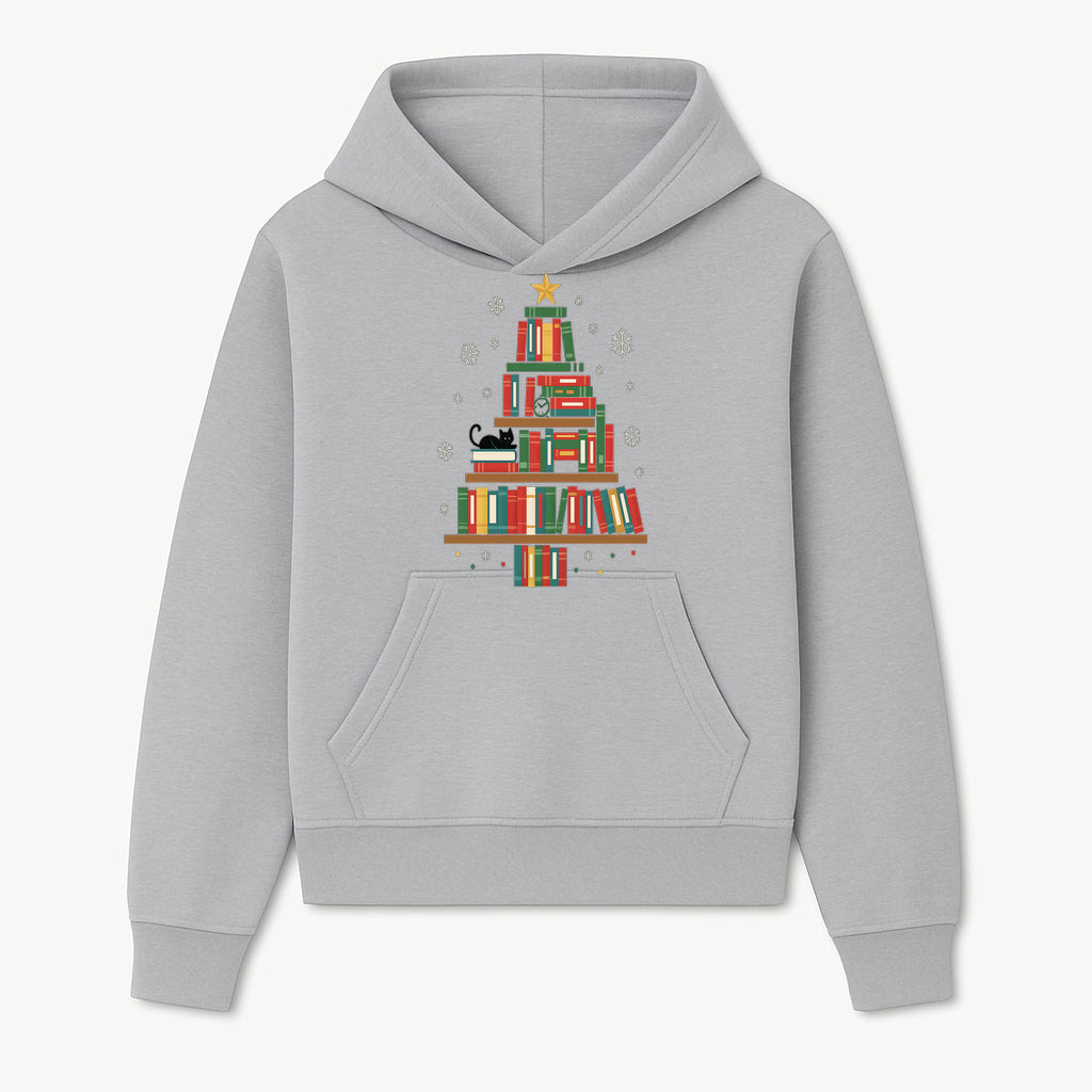 Christmas Tree Bookshelf Decor with Black Cat, Snowflakes, Vintage Style Holiday Wall Art, Perfect for Book Lovers - Hoodie 1758341630143.jpg