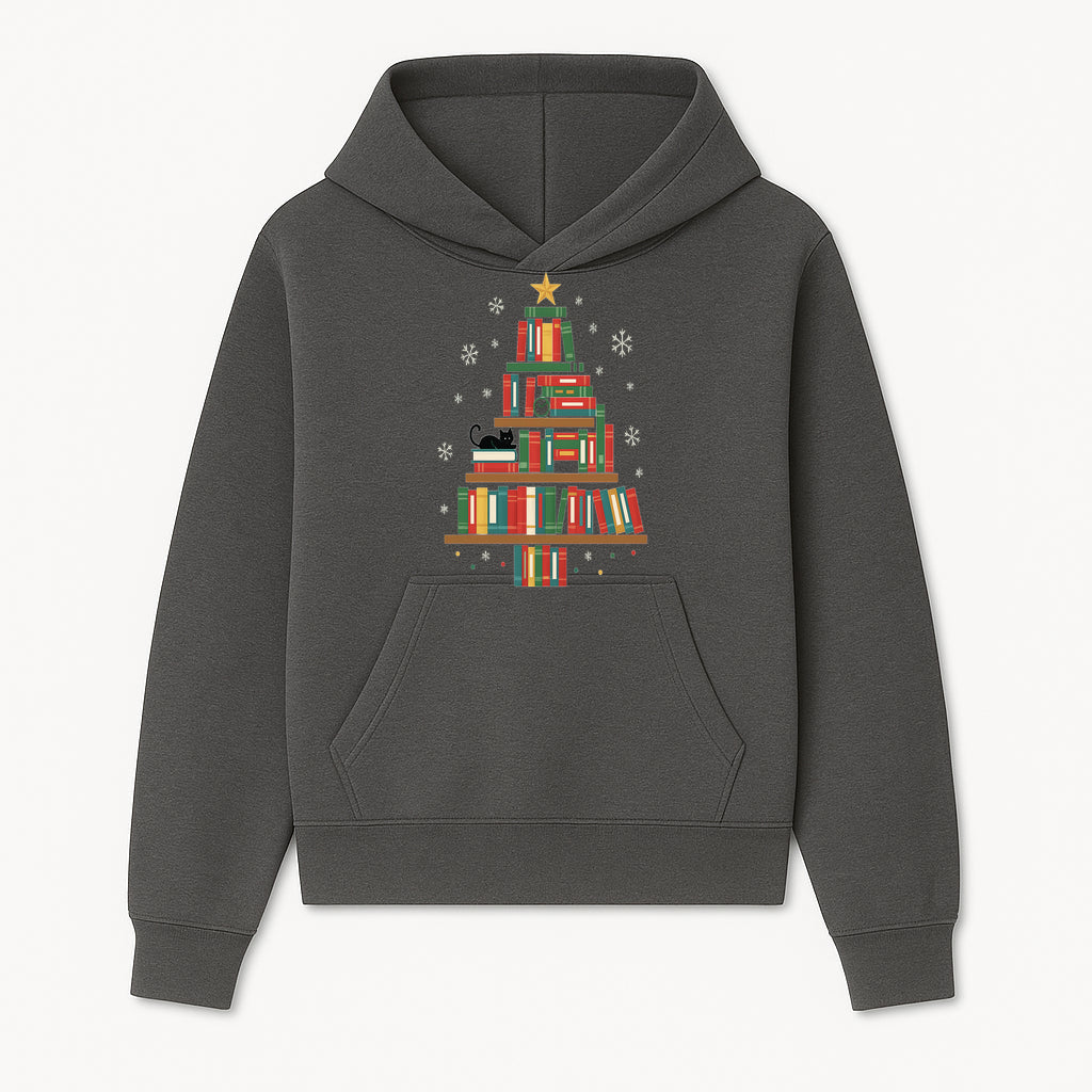 Christmas Tree Bookshelf Decor with Black Cat, Snowflakes, Vintage Style Holiday Wall Art, Perfect for Book Lovers - Hoodie 1758341630421.jpg