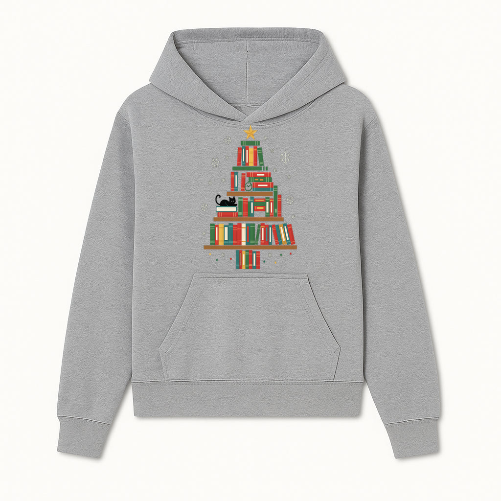 Christmas Tree Bookshelf Decor with Black Cat, Snowflakes, Vintage Style Holiday Wall Art, Perfect for Book Lovers - Hoodie 1758341630712.jpg