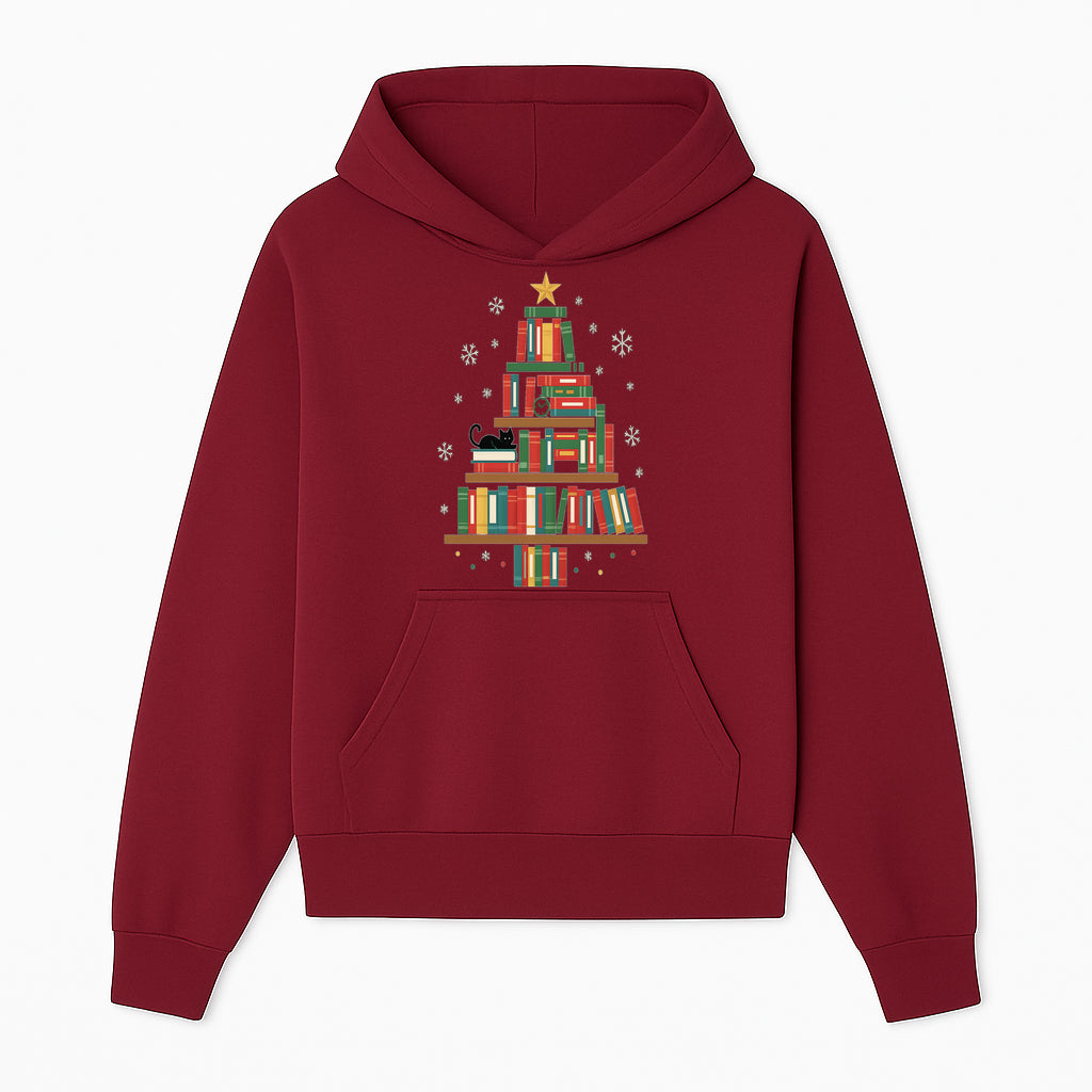 Christmas Tree Bookshelf Decor with Black Cat, Snowflakes, Vintage Style Holiday Wall Art, Perfect for Book Lovers - Hoodie 1758341631224.jpg