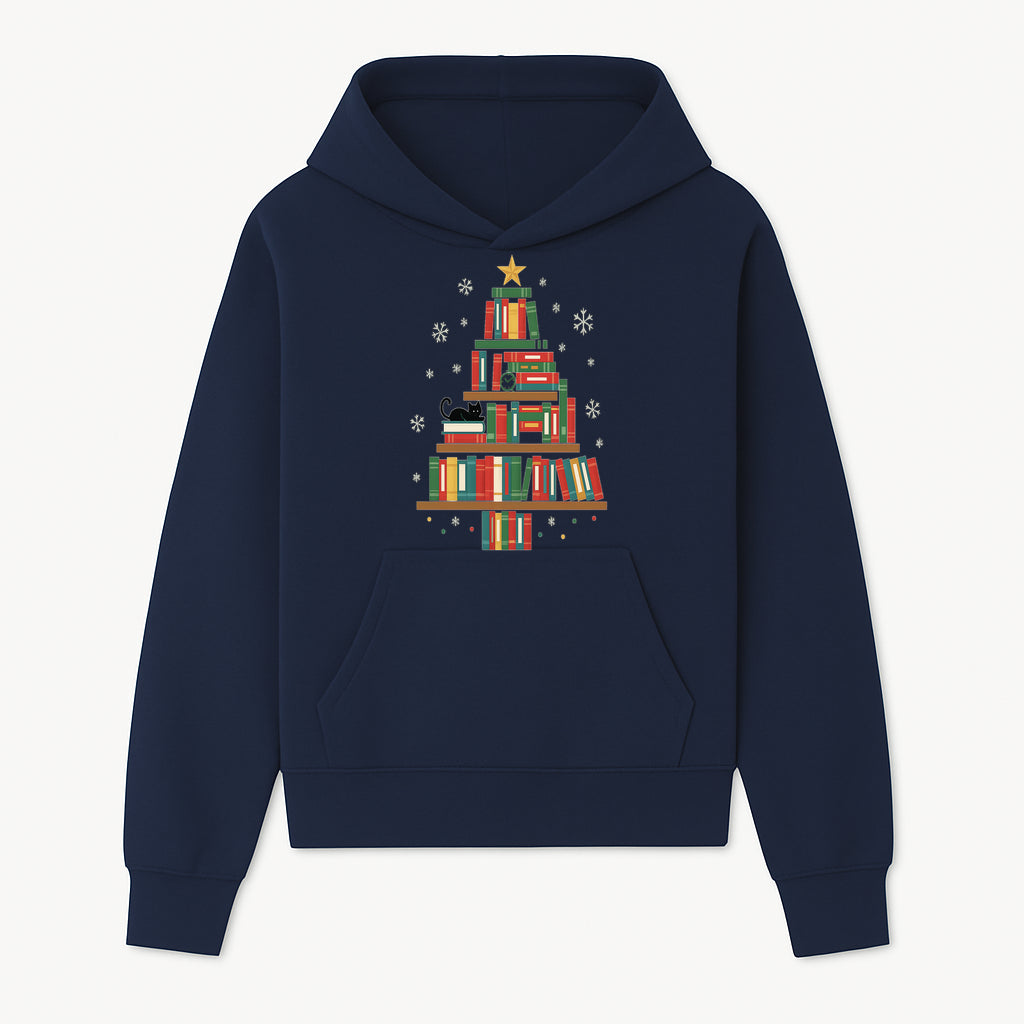 Christmas Tree Bookshelf Decor with Black Cat, Snowflakes, Vintage Style Holiday Wall Art, Perfect for Book Lovers - Hoodie 1758341631405.jpg