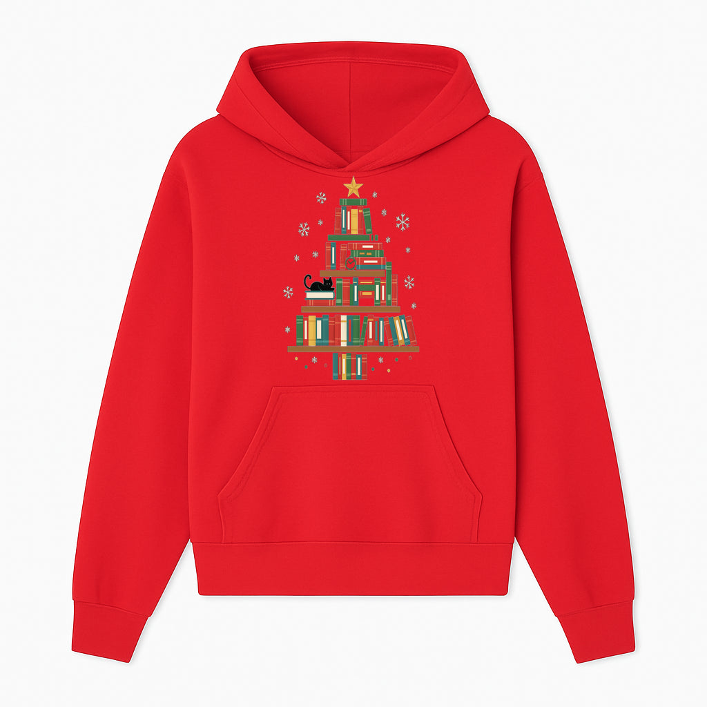 Christmas Tree Bookshelf Decor with Black Cat, Snowflakes, Vintage Style Holiday Wall Art, Perfect for Book Lovers - Hoodie 1758341631566.jpg